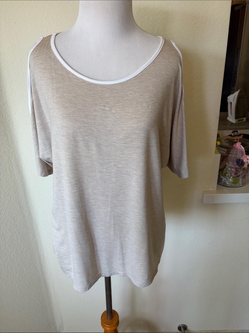 Kerisma lightweight Scoop Neck Top in Beige with White Trim